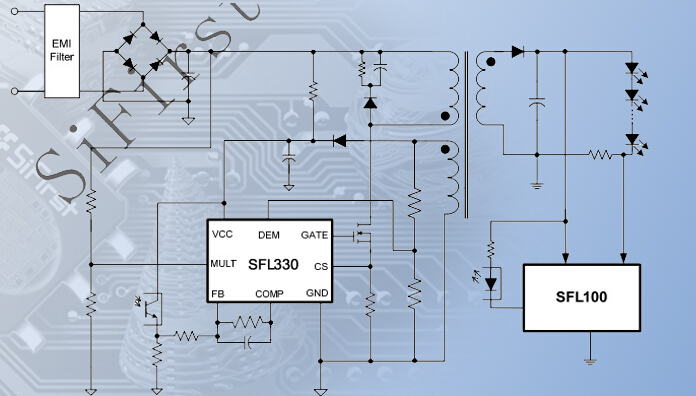 In SFL330, the proprietary "frequency adjusting" can help to improve THD performance, which ensures audio noise free operation. A VCC Over Voltage Protection (VCC OVP) is integrated to improve system